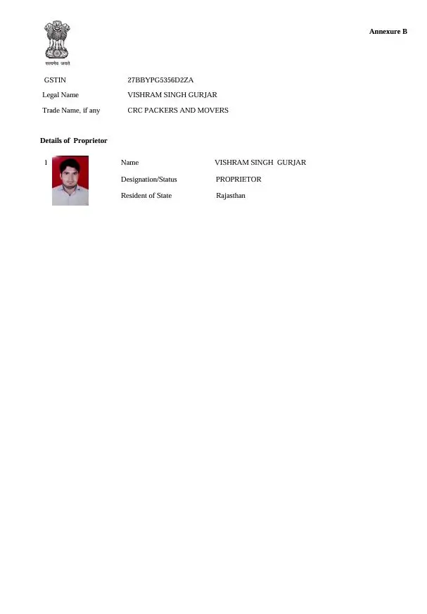 Goods and Services Tax Registration Annexure - CRC Packers and Movers