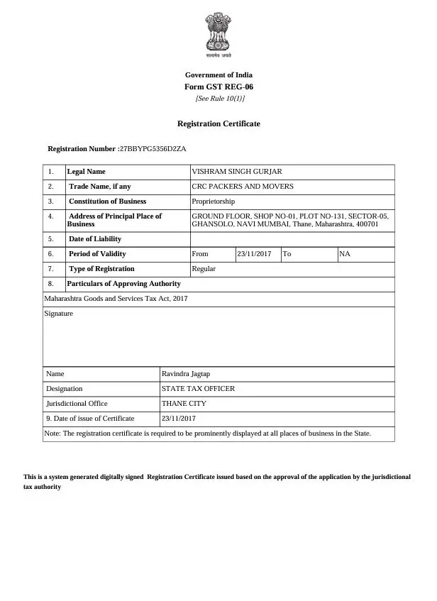 Official GSTIN Tax Registration Certificate REG-06 - CRC Packers and Movers