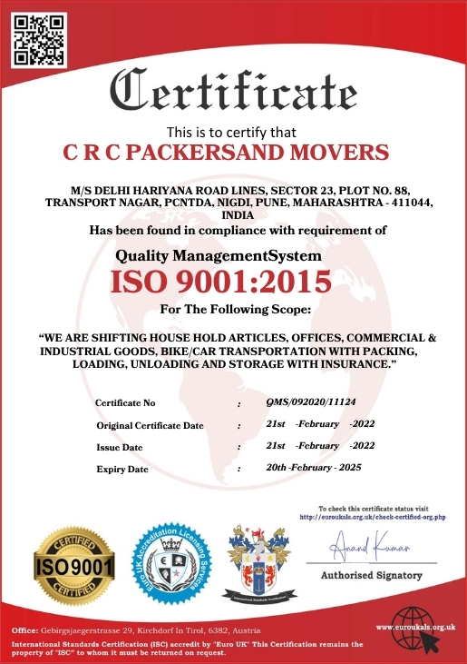 ISO 9001:2015 Quality Management System Certificate - CRC Packers and Movers