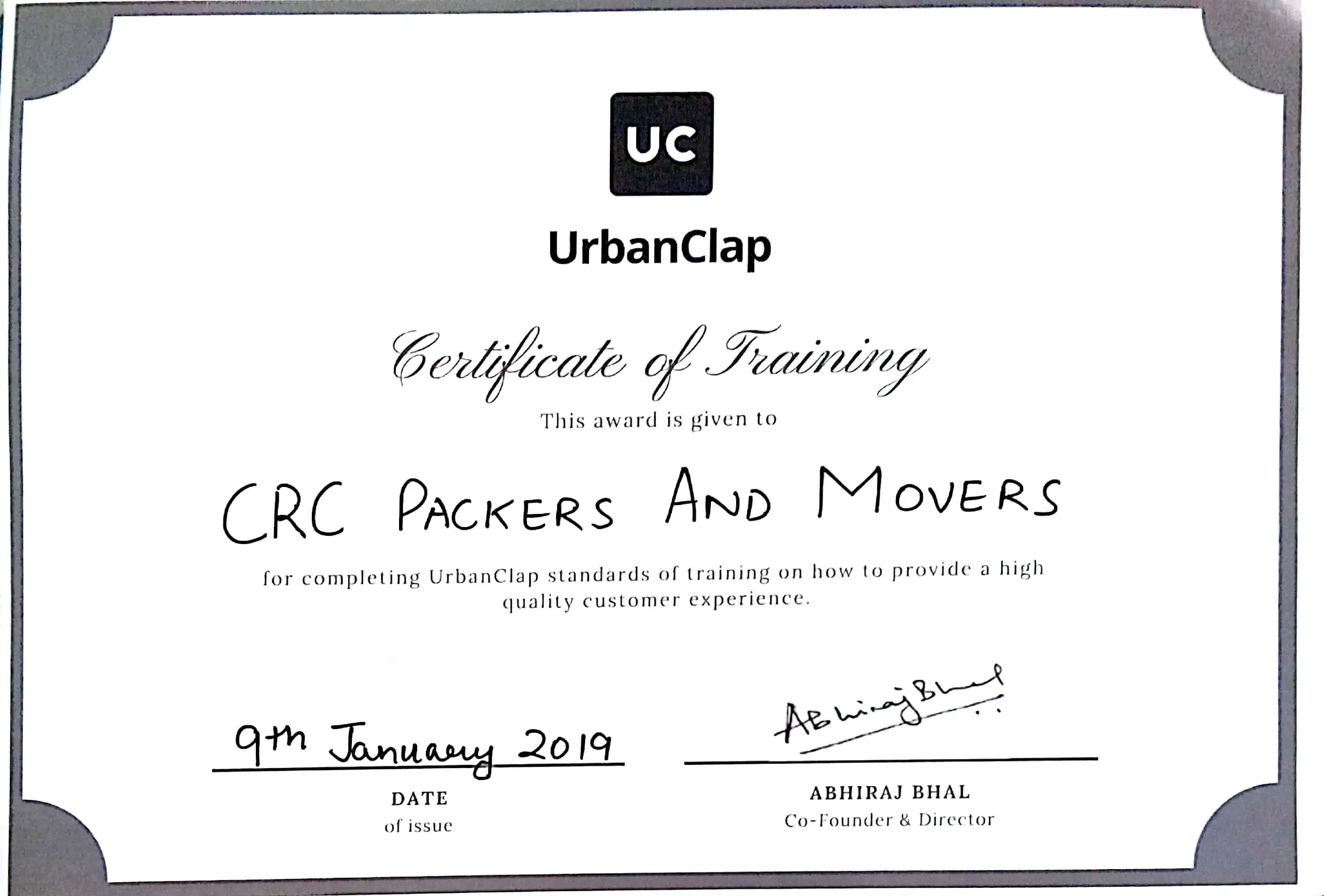 UrbanClap 2 Certificate - CRC Packers and Movers