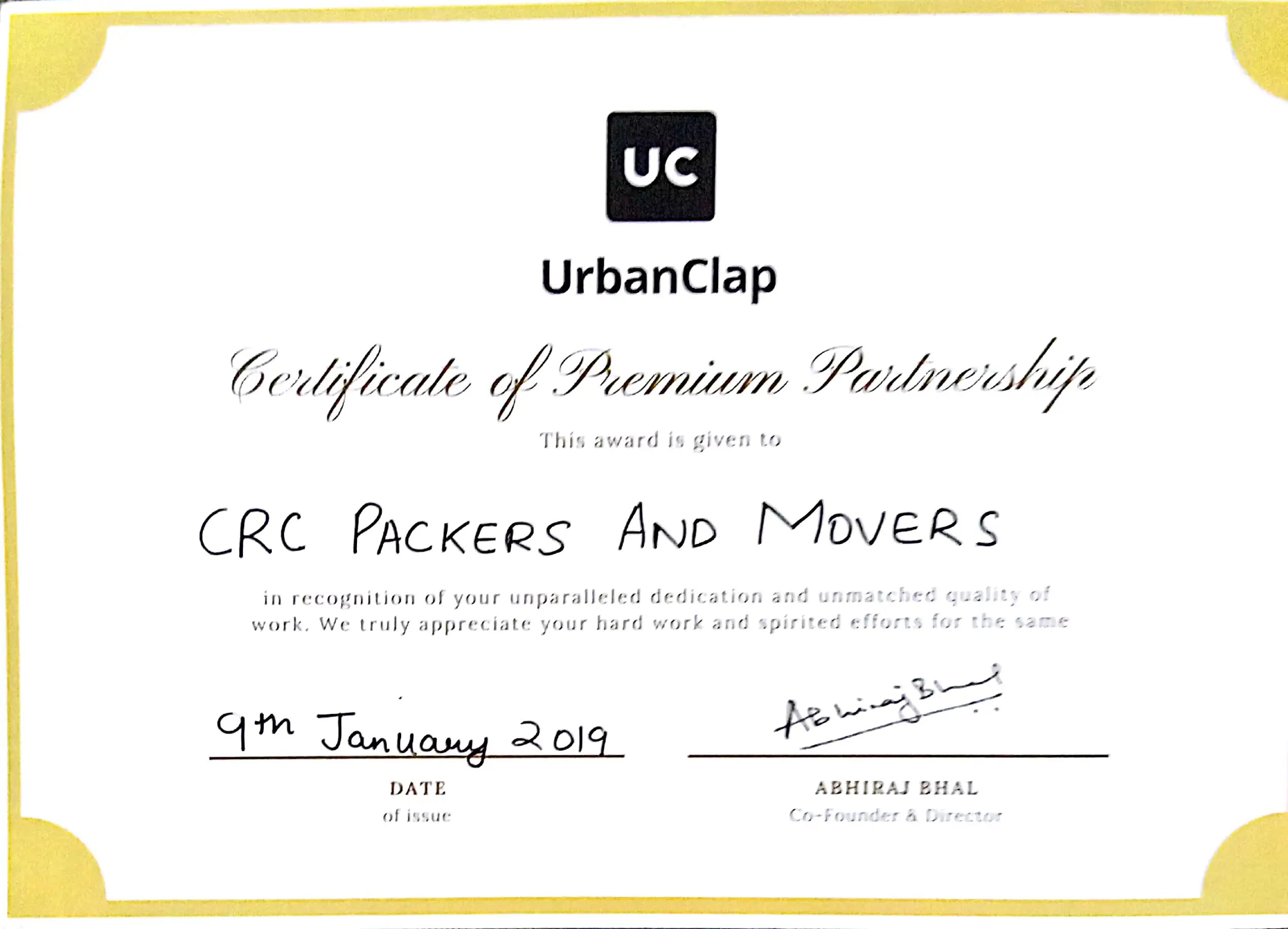 JustDial Excellence Certification - CRC Packers and Movers